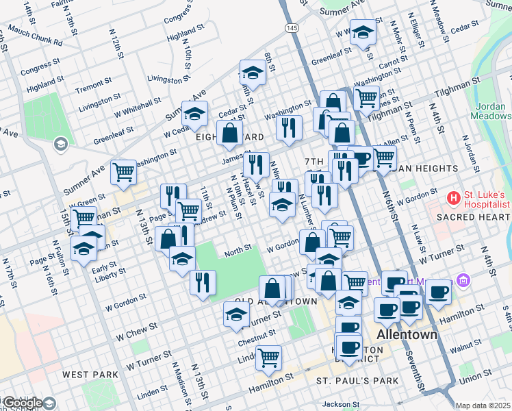 map of restaurants, bars, coffee shops, grocery stores, and more near 529 North Hazel Street in Allentown