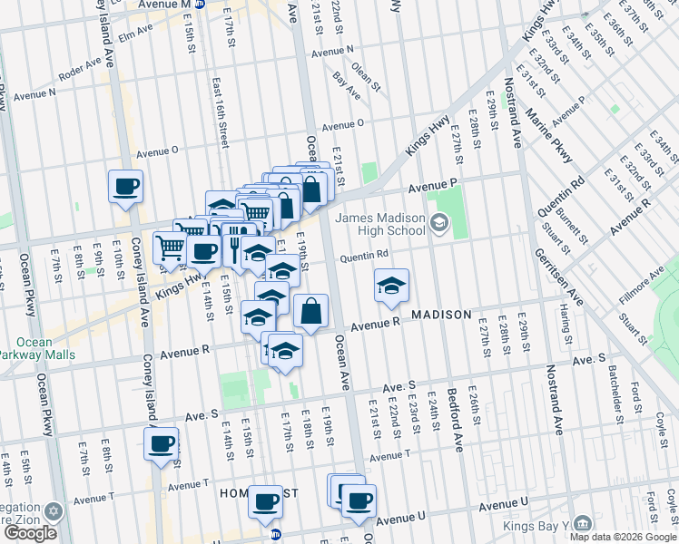 map of restaurants, bars, coffee shops, grocery stores, and more near 2205 Ocean Avenue in Brooklyn