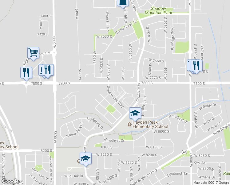 map of restaurants, bars, coffee shops, grocery stores, and more near 5241 West Cool Water Way in West Jordan