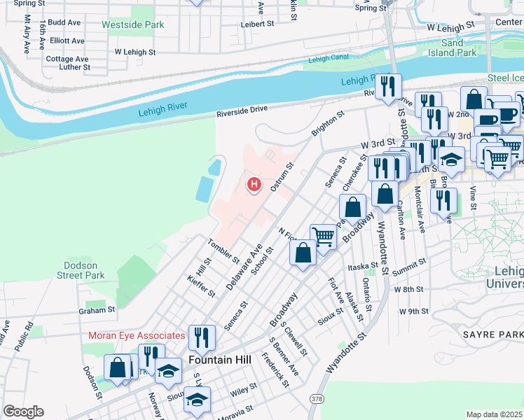map of restaurants, bars, coffee shops, grocery stores, and more near 800 Ostrum Street in Fountain Hill