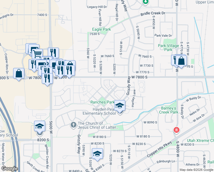 map of restaurants, bars, coffee shops, grocery stores, and more near 5241 West Cool Water Way in West Jordan