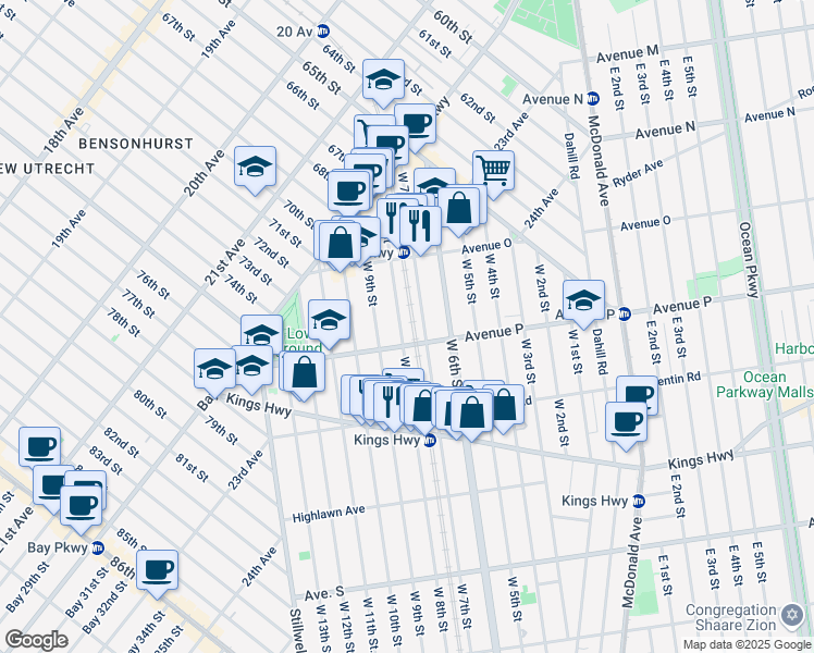 map of restaurants, bars, coffee shops, grocery stores, and more near 177 Avenue P in Brooklyn