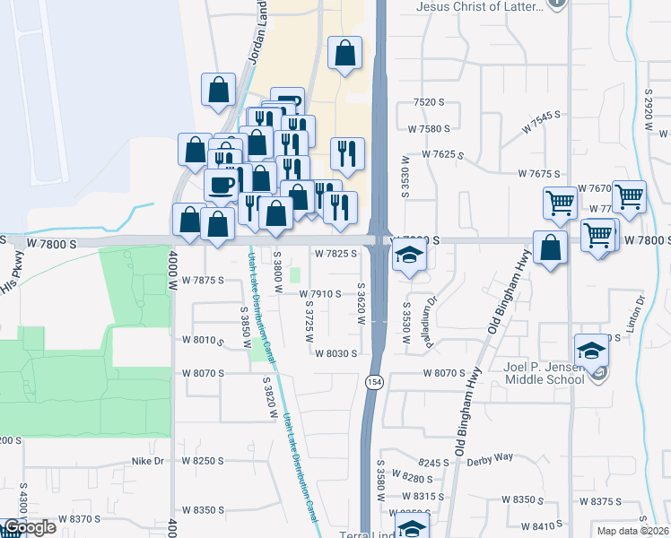 map of restaurants, bars, coffee shops, grocery stores, and more near 3668 West 7865 South in West Jordan