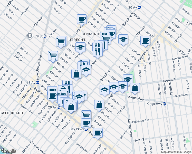 map of restaurants, bars, coffee shops, grocery stores, and more near 2068 78th Street in Brooklyn