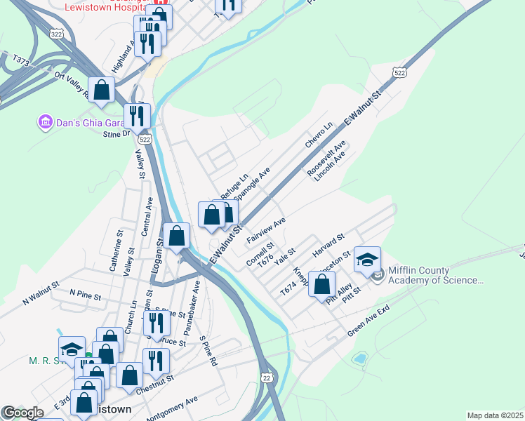 map of restaurants, bars, coffee shops, grocery stores, and more near 530 East Walnut Street in Lewistown