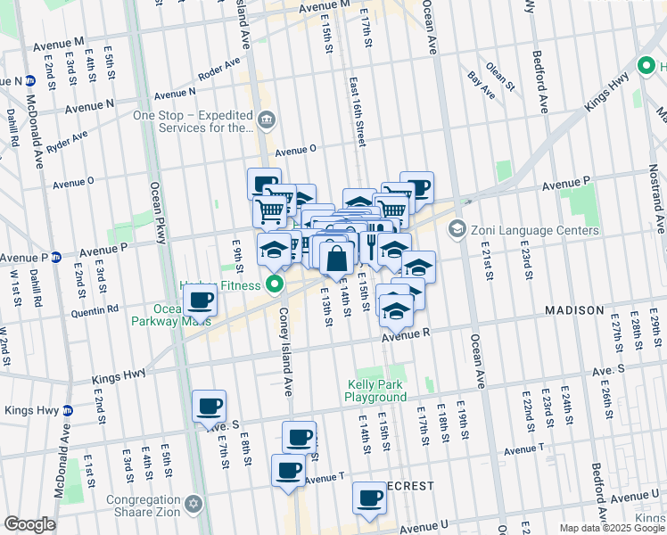 map of restaurants, bars, coffee shops, grocery stores, and more near 1703 East 14th Street in Brooklyn