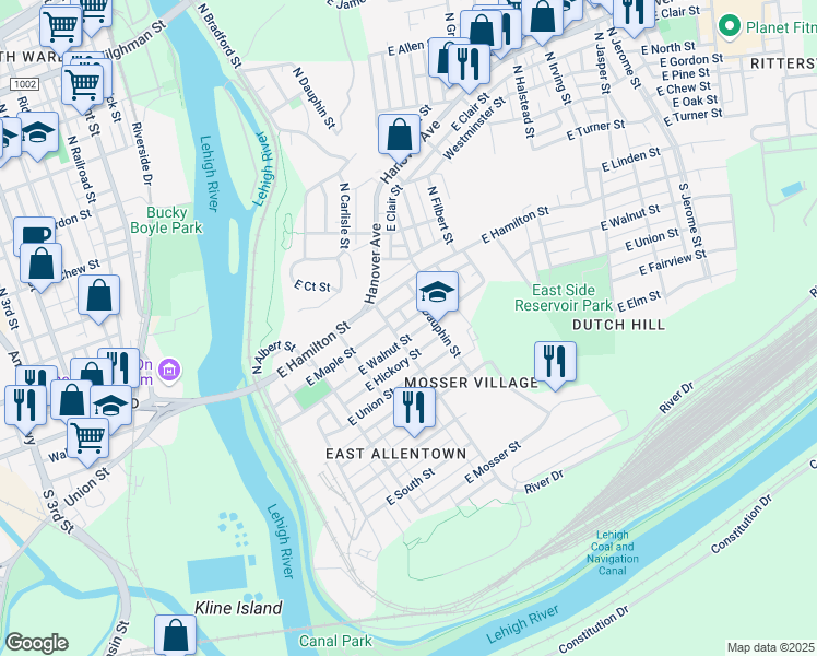 map of restaurants, bars, coffee shops, grocery stores, and more near 306 East Walnut Street in Allentown
