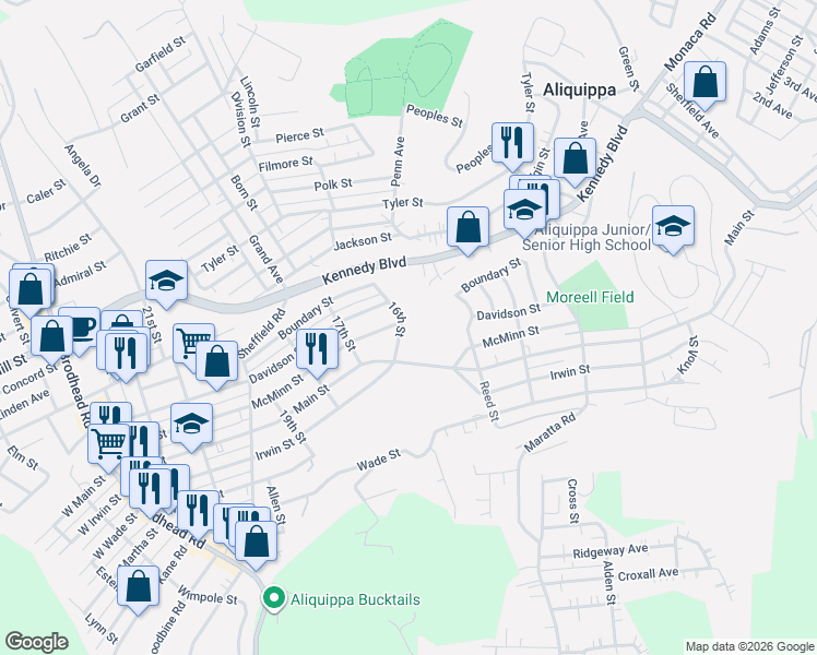 map of restaurants, bars, coffee shops, grocery stores, and more near 912 16th Street in Aliquippa