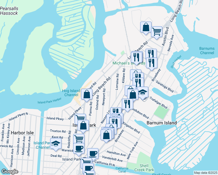 map of restaurants, bars, coffee shops, grocery stores, and more near 53 Marina Road in Island Park