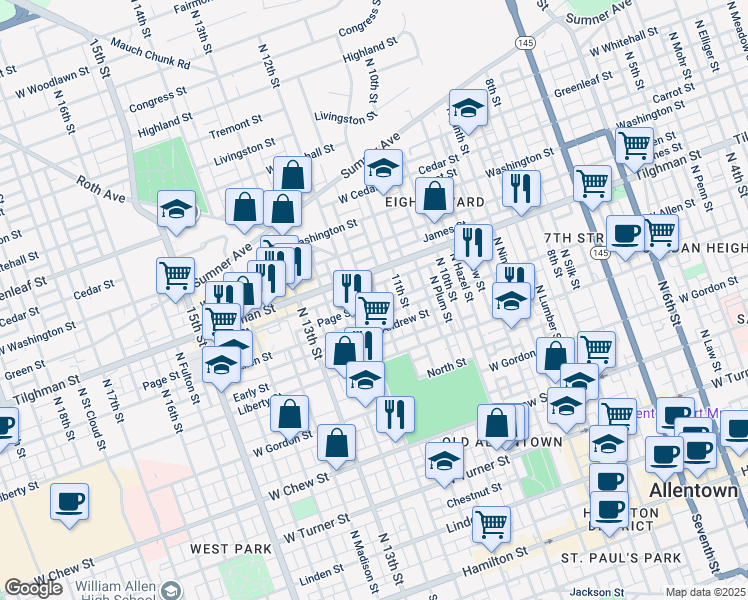 map of restaurants, bars, coffee shops, grocery stores, and more near 616 North Poplar Street in Allentown