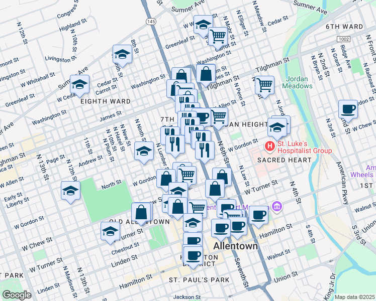 map of restaurants, bars, coffee shops, grocery stores, and more near 415 North Hall Street in Allentown