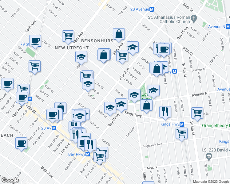 map of restaurants, bars, coffee shops, grocery stores, and more near 2116 76th Street in Brooklyn