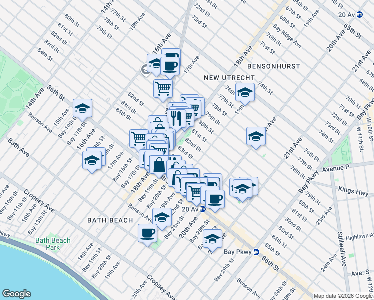 map of restaurants, bars, coffee shops, grocery stores, and more near 1848 83rd Street in Brooklyn