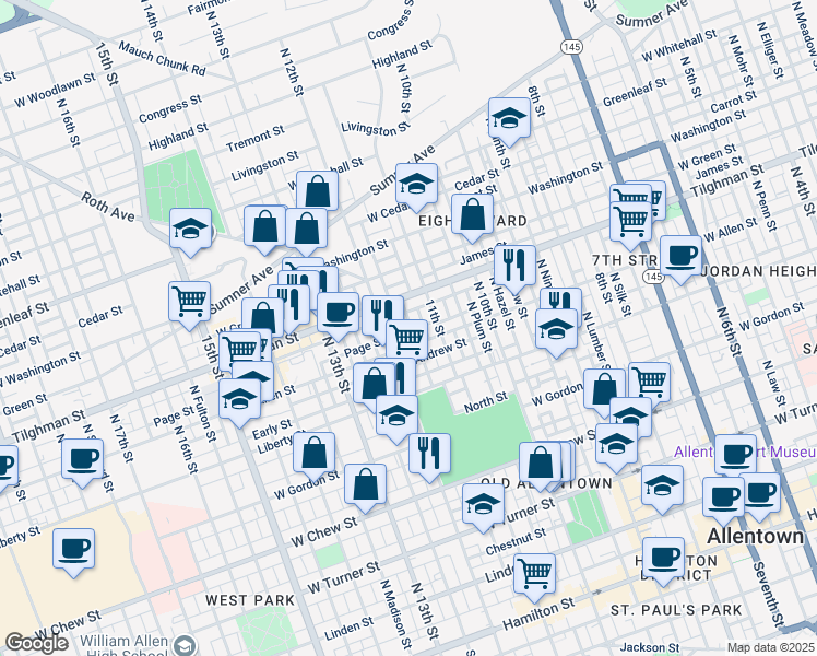 map of restaurants, bars, coffee shops, grocery stores, and more near 616 North Poplar Street in Allentown