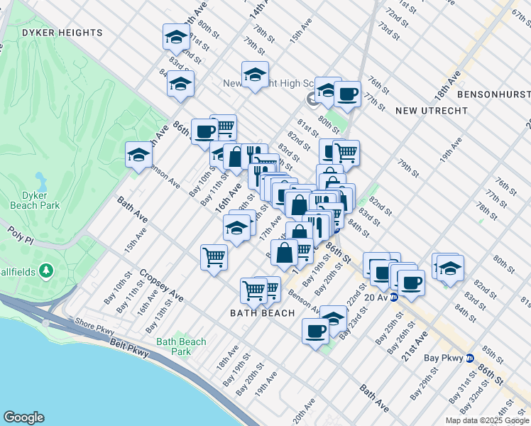 map of restaurants, bars, coffee shops, grocery stores, and more near 8627 17th Avenue in Brooklyn