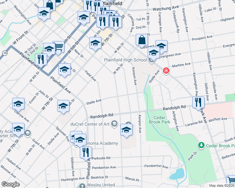 map of restaurants, bars, coffee shops, grocery stores, and more near 313 Stelle Avenue in Plainfield
