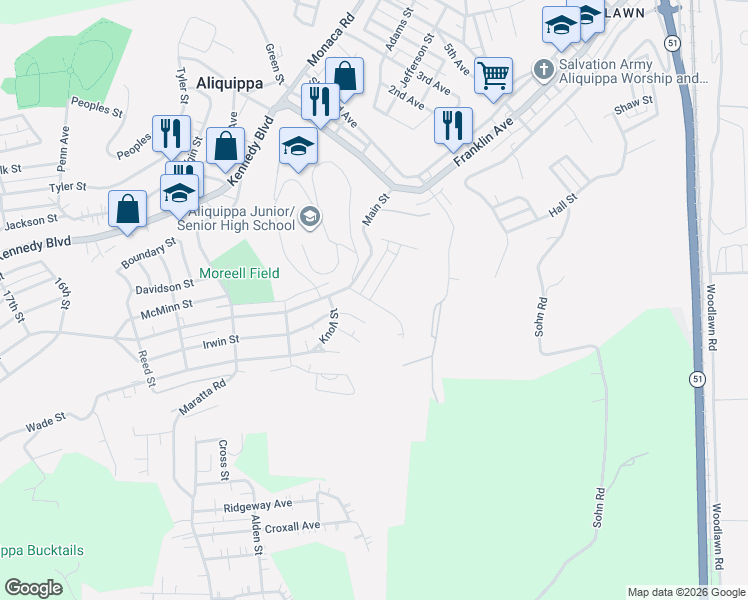 map of restaurants, bars, coffee shops, grocery stores, and more near 120 Carroll Street in Aliquippa