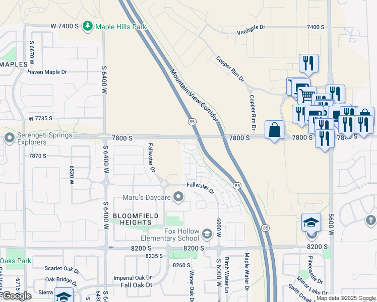 map of restaurants, bars, coffee shops, grocery stores, and more near 6111 Playfair Street in West Jordan