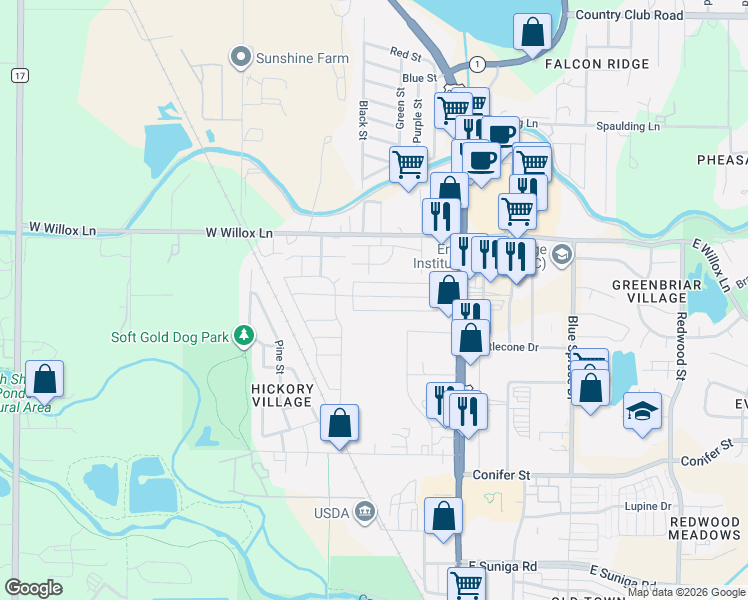map of restaurants, bars, coffee shops, grocery stores, and more near 1601 North College Avenue in Fort Collins