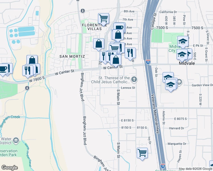 map of restaurants, bars, coffee shops, grocery stores, and more near 769 Lennox Street in Midvale