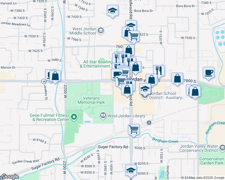 map of restaurants, bars, coffee shops, grocery stores, and more near 1875 Westview Circle in West Jordan