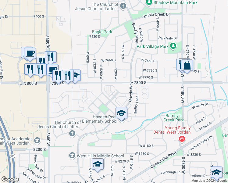 map of restaurants, bars, coffee shops, grocery stores, and more near 7881 Window Rock Way in West Jordan