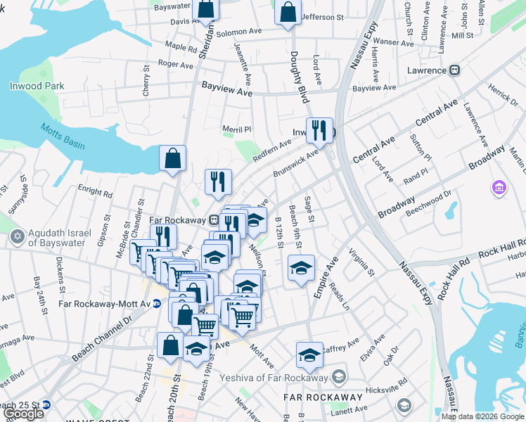 map of restaurants, bars, coffee shops, grocery stores, and more near 12-84 Central Avenue in Queens