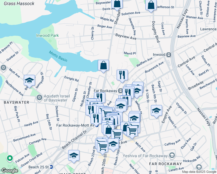 map of restaurants, bars, coffee shops, grocery stores, and more near 21-30 Nameoke Avenue in Queens
