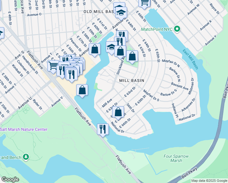 map of restaurants, bars, coffee shops, grocery stores, and more near 2722 Mill Avenue in Brooklyn