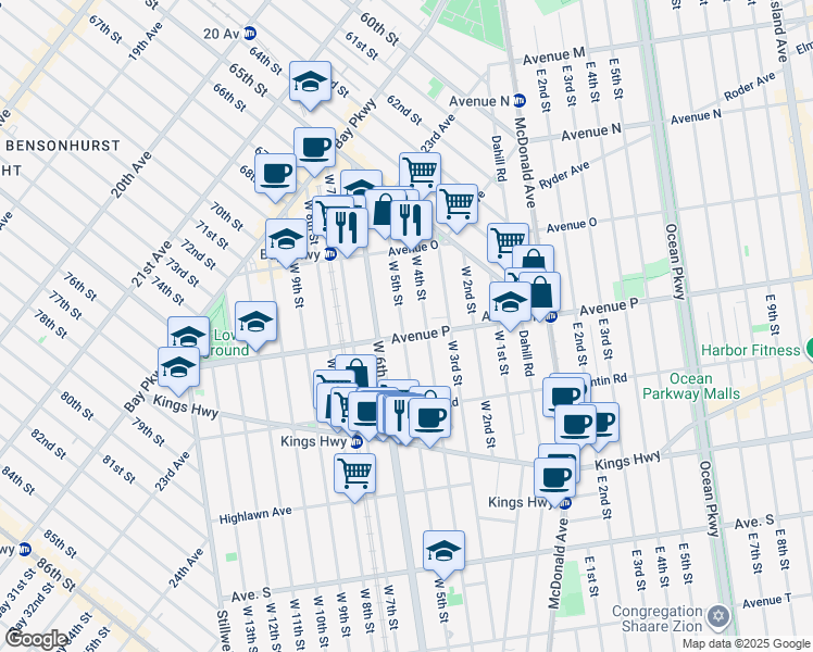 map of restaurants, bars, coffee shops, grocery stores, and more near 1601 West 5th Street in Brooklyn