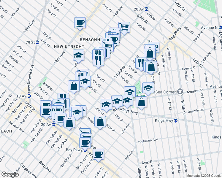 map of restaurants, bars, coffee shops, grocery stores, and more near 2110 77th Street in Brooklyn