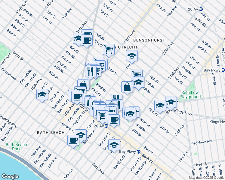 map of restaurants, bars, coffee shops, grocery stores, and more near 1902 82nd Street in Brooklyn