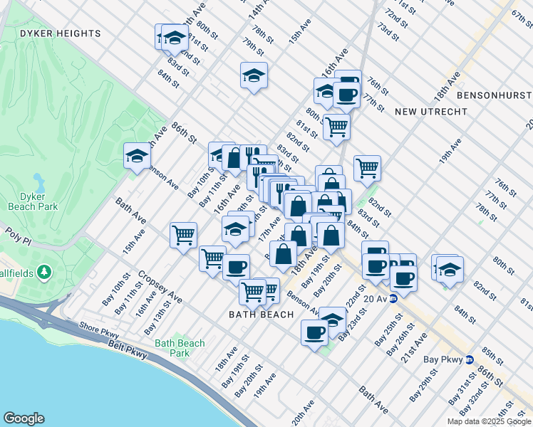 map of restaurants, bars, coffee shops, grocery stores, and more near 8627 17th Avenue in Brooklyn
