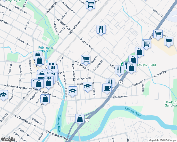map of restaurants, bars, coffee shops, grocery stores, and more near 365 East Grand Avenue in Rahway