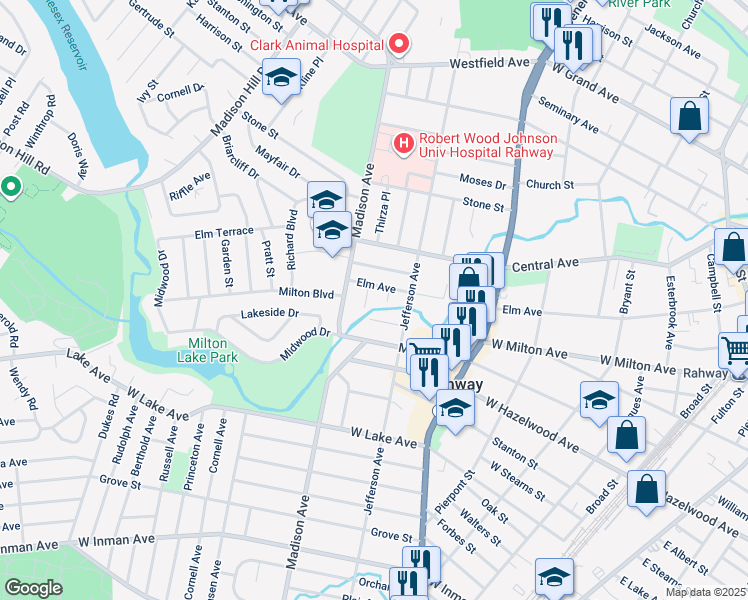 map of restaurants, bars, coffee shops, grocery stores, and more near 709 West Milton Avenue in Rahway