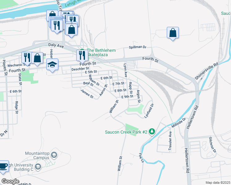map of restaurants, bars, coffee shops, grocery stores, and more near 1411 East 9th Street in Bethlehem
