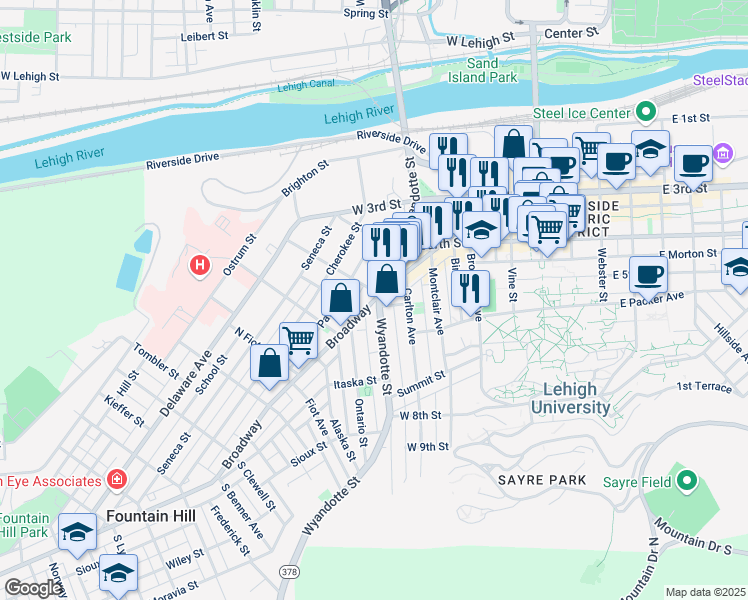 map of restaurants, bars, coffee shops, grocery stores, and more near 520 Pennsylvania 378 in Bethlehem