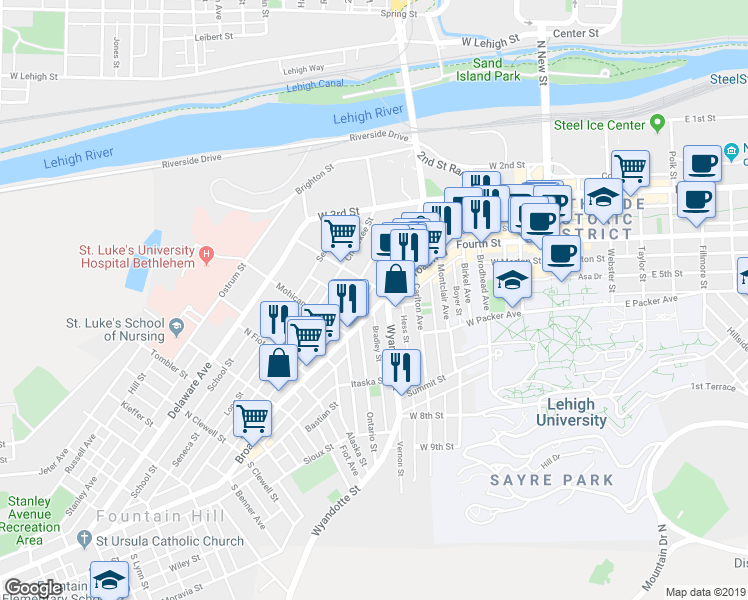 map of restaurants, bars, coffee shops, grocery stores, and more near 520 Pennsylvania 378 in Bethlehem