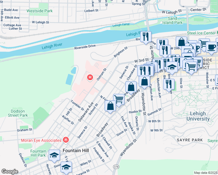 map of restaurants, bars, coffee shops, grocery stores, and more near 725 Seneca Street in Fountain Hill