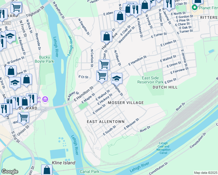 map of restaurants, bars, coffee shops, grocery stores, and more near 306 East Walnut Street in Allentown