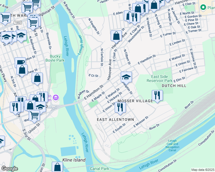map of restaurants, bars, coffee shops, grocery stores, and more near 266 East Maple Street in Allentown