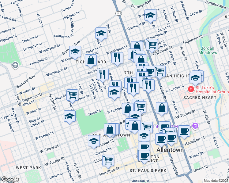 map of restaurants, bars, coffee shops, grocery stores, and more near in Allentown