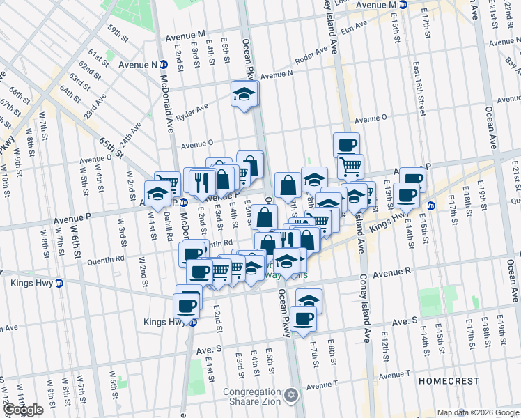 map of restaurants, bars, coffee shops, grocery stores, and more near 1642 Ocean Parkway in Brooklyn