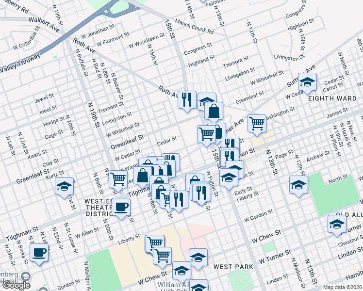 map of restaurants, bars, coffee shops, grocery stores, and more near 1628 West Washington Street in Allentown