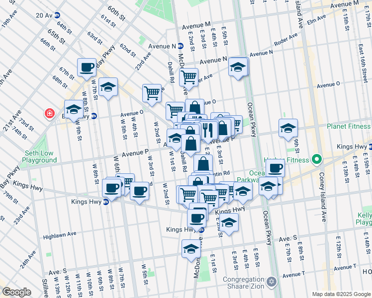 map of restaurants, bars, coffee shops, grocery stores, and more near 374 Avenue P in Brooklyn