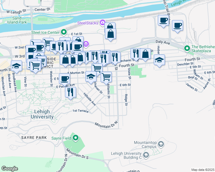 map of restaurants, bars, coffee shops, grocery stores, and more near 774 East 6th Street in Bethlehem