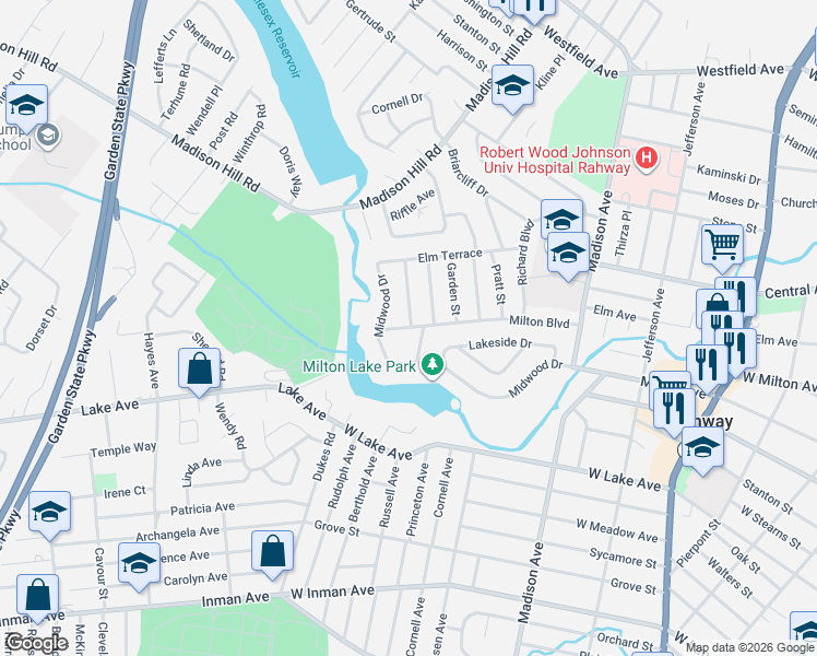 map of restaurants, bars, coffee shops, grocery stores, and more near 1097 Midwood Drive in Rahway