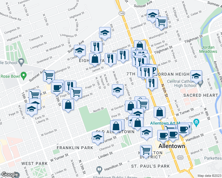 map of restaurants, bars, coffee shops, grocery stores, and more near 525 North New Street in Allentown