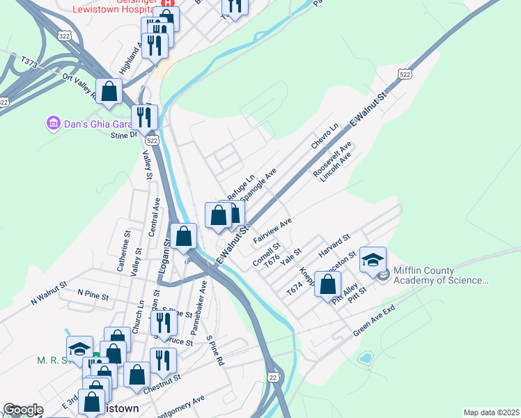 map of restaurants, bars, coffee shops, grocery stores, and more near 519 East Walnut Street in Lewistown