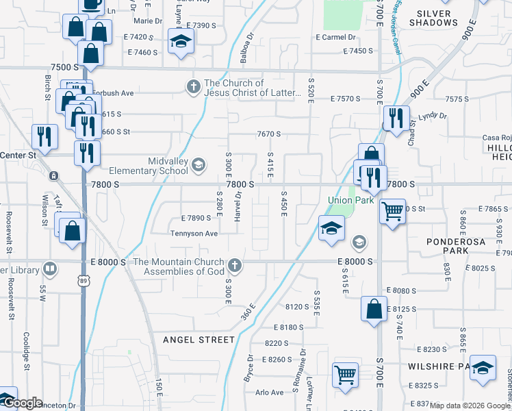 map of restaurants, bars, coffee shops, grocery stores, and more near 397 East Tractor Drive in Sandy